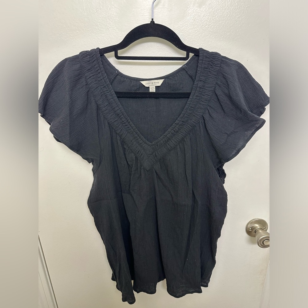 Lucky Brand Black V-Neck Blouse, Size L